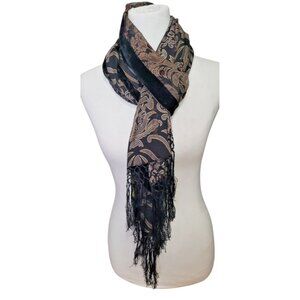 Devoré Scarf Burnout Velvet Silk Shawl Wrap Long Fringe 68X20 Hand Stitched Hem